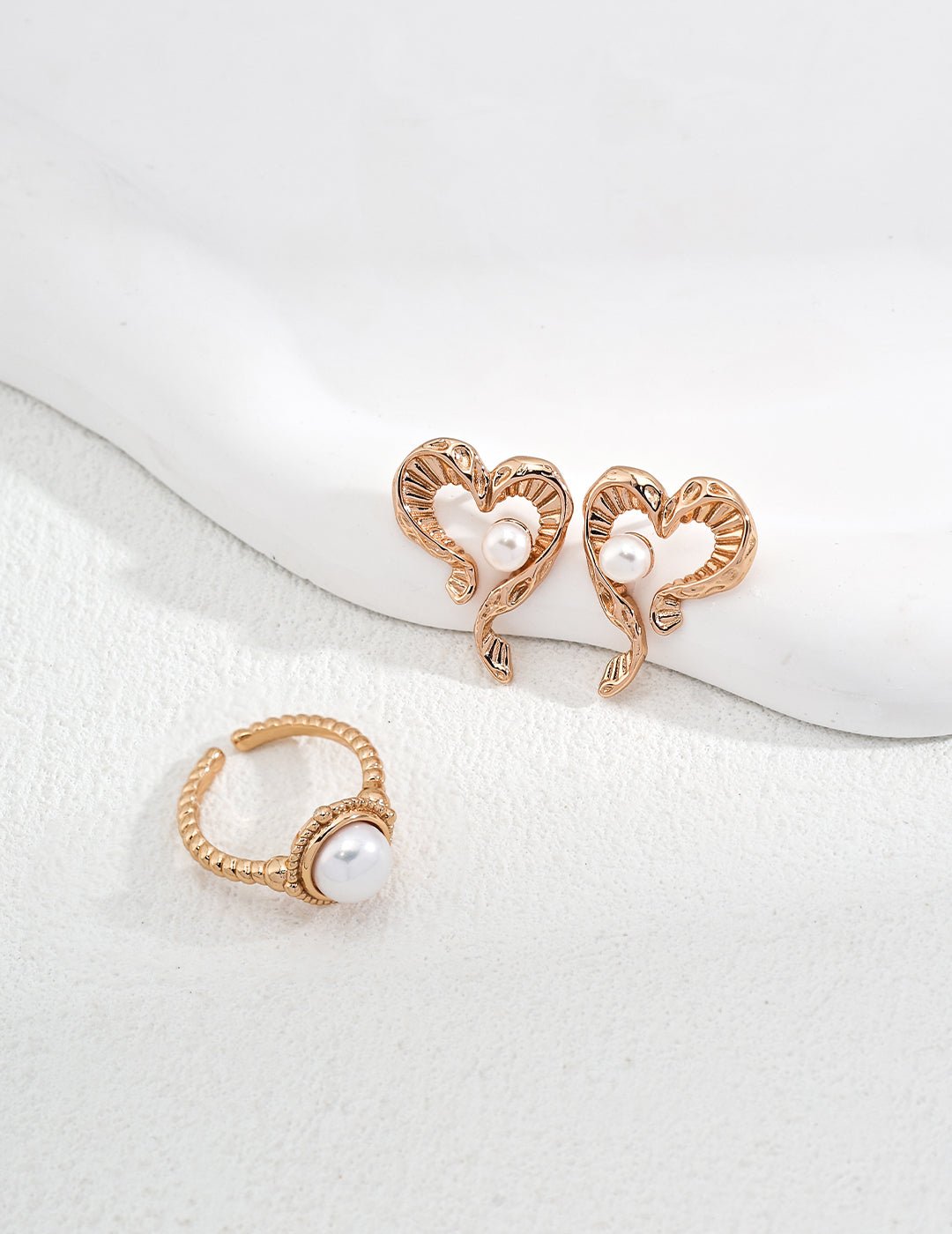 Gold - Plated Silver Earrings with Natural Pearl and matching Ring by ronny