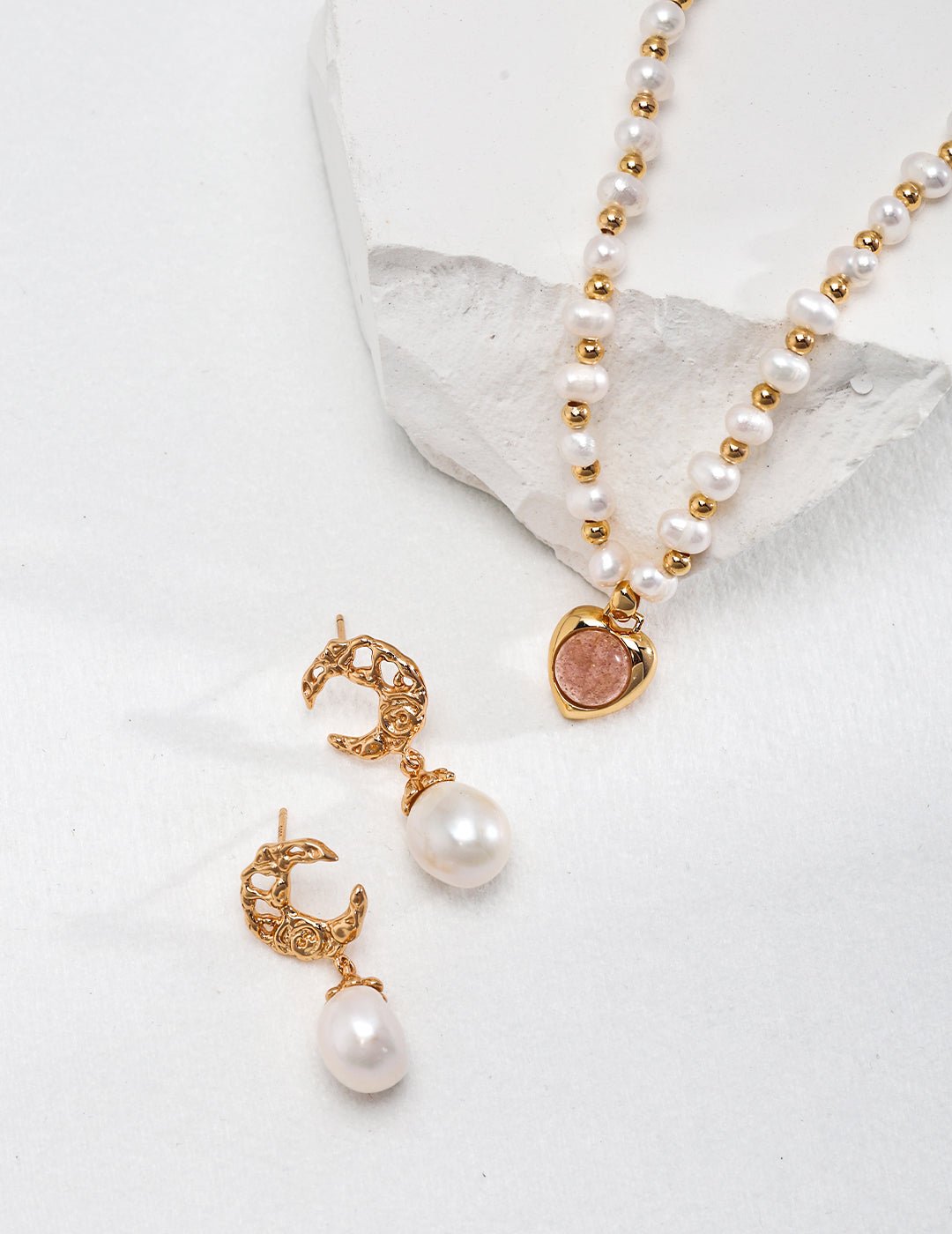 Radiant Natural Pearl Earrings with a Complementary Gold-Plated Silver Necklace