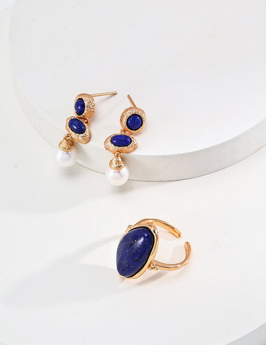 pearl and lapis lazuli earrings paired with a matching ring on gold-plated silver by ronny