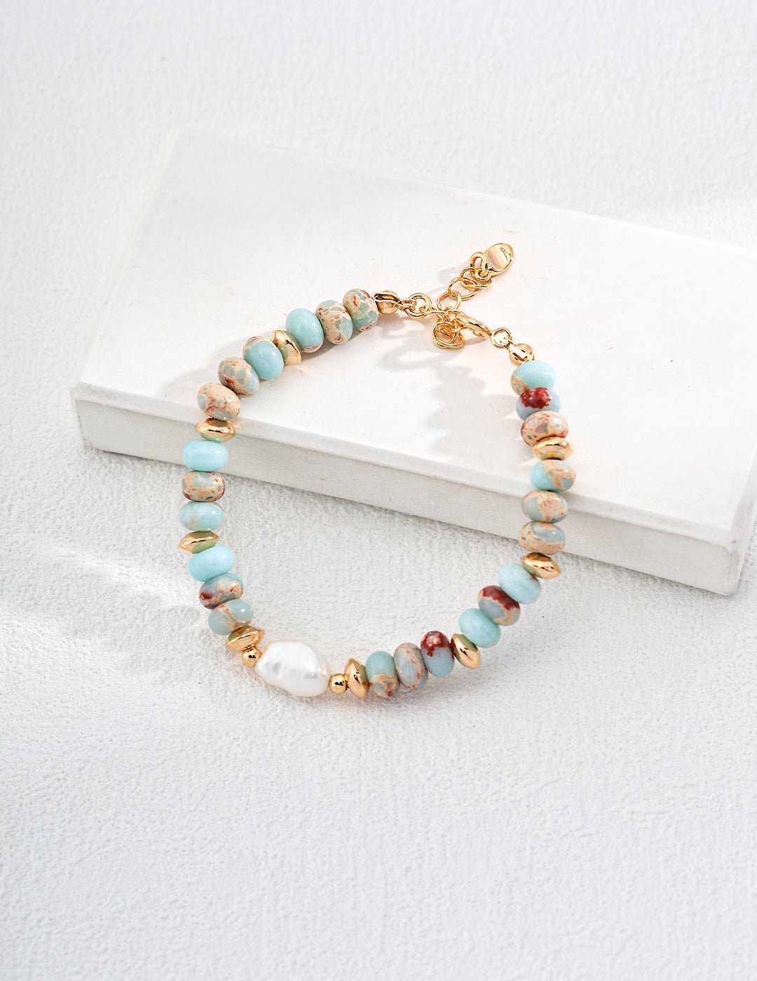 Agalmatolite and Pearl Bracelet on Gold - Plated Silver by ronny