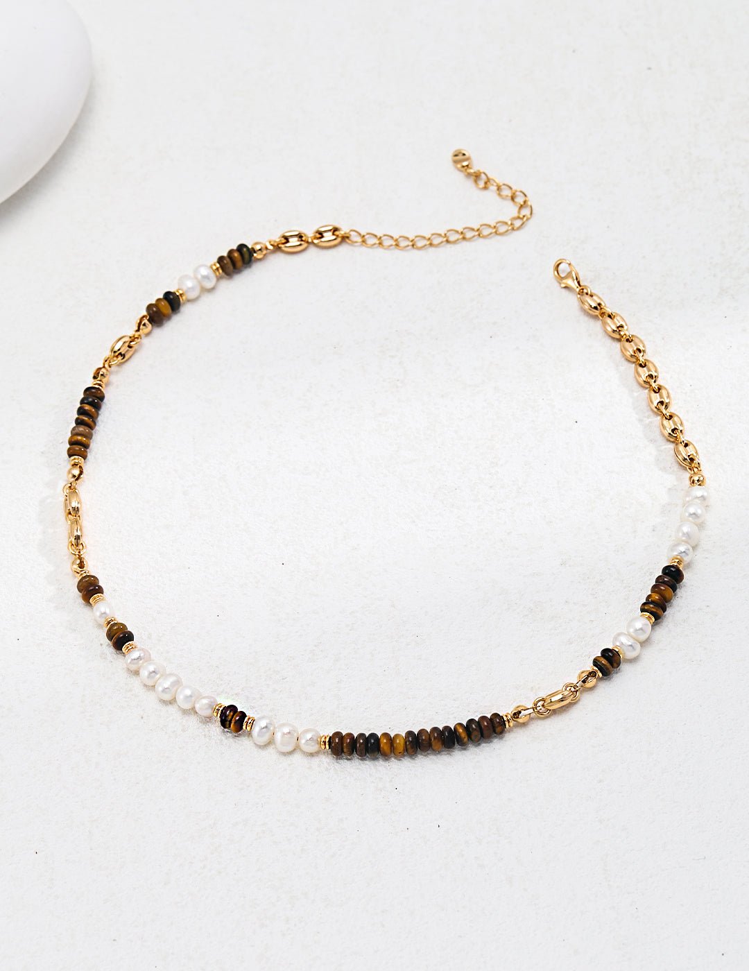 Tiger Eye and Pearl Necklace with Gold - Plated Silver by ronny