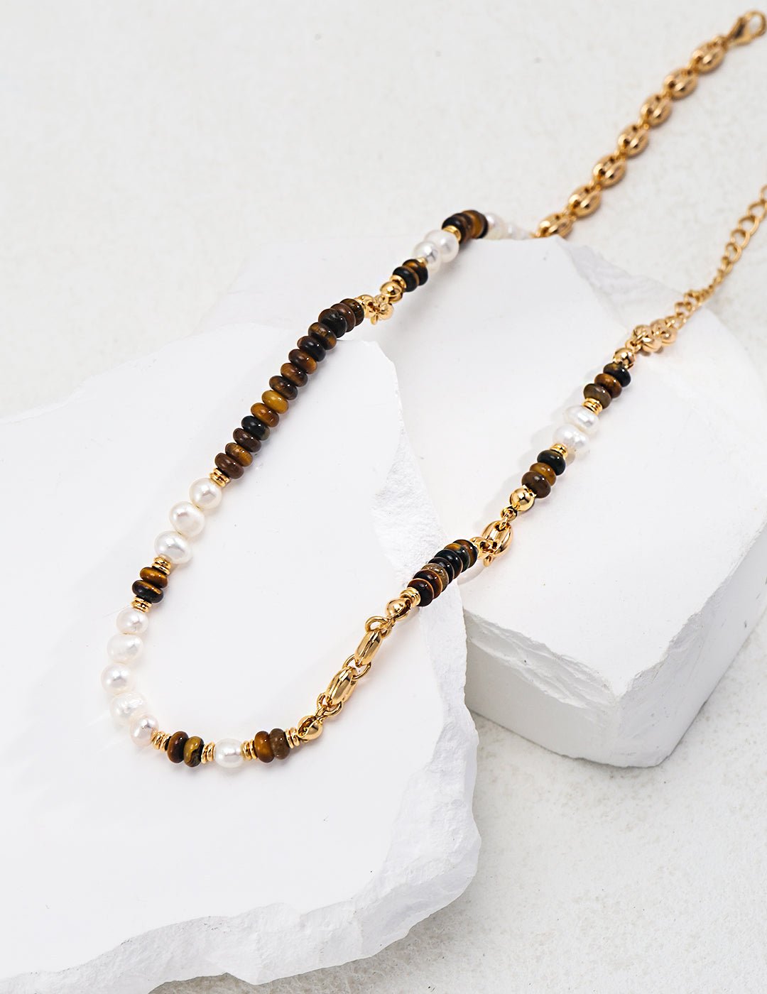 Tiger Eye and Pearl Necklace with Gold - Plated Silver by ronny