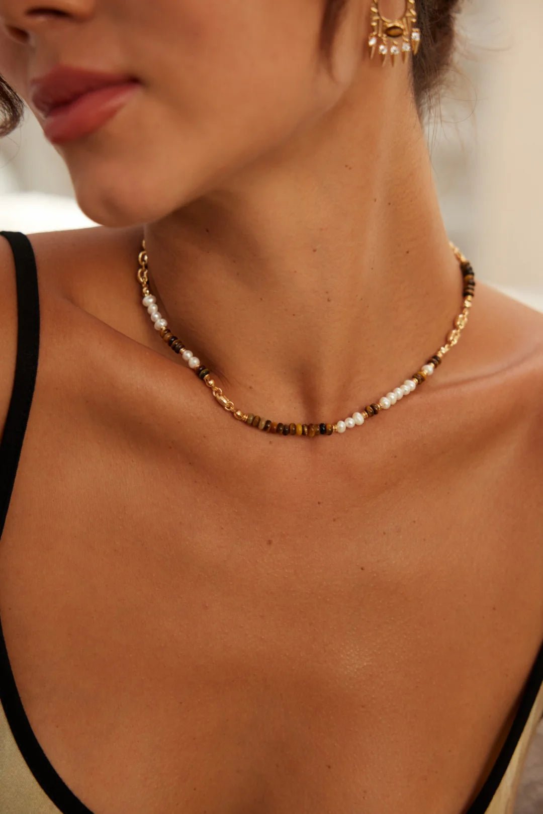 Tiger Eye and Pearl Necklace with Gold - Plated Silver by ronny