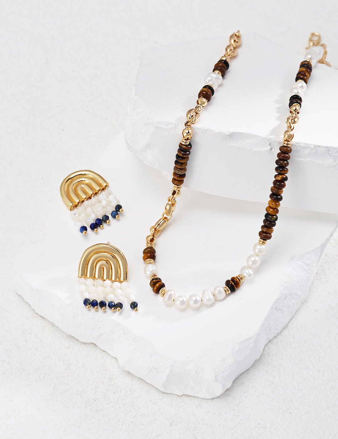 Tiger Eye and Pearl Necklace with  matching Earrings on Gold - Plated Silver by ronny