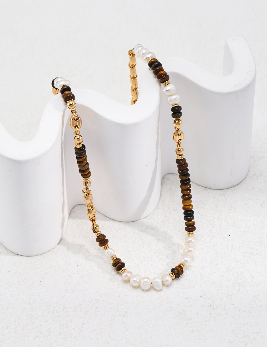 Tiger Eye and Pearl Necklace with Gold - Plated Silver by ronny