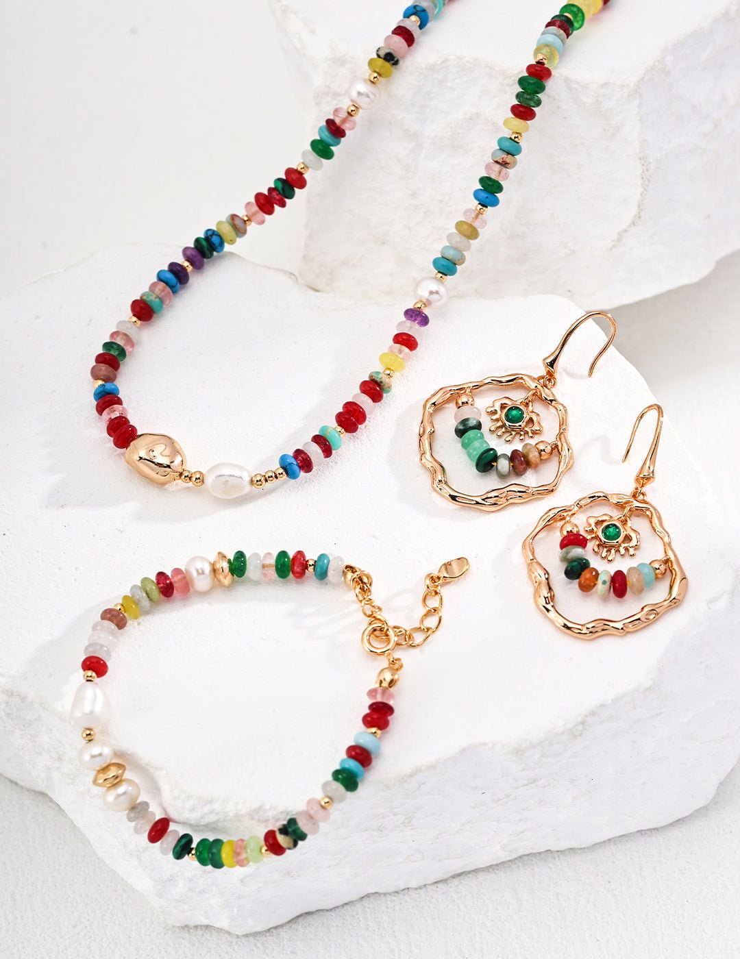 Necklace, Bracelet, and Earrings with Agate, Calaite and Colorful Stones on Gold - Plated Silver by ronny