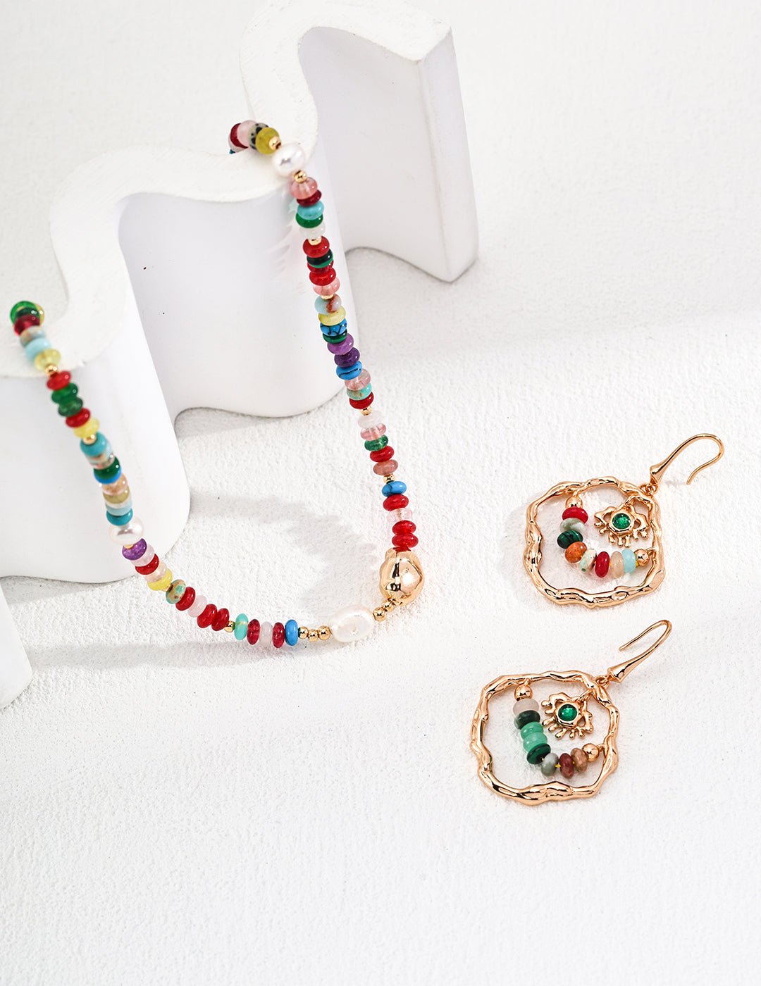 Necklace and Earrings with Agate, Calaite,  Colorful Stones on Gold - Plated Silver by ronny