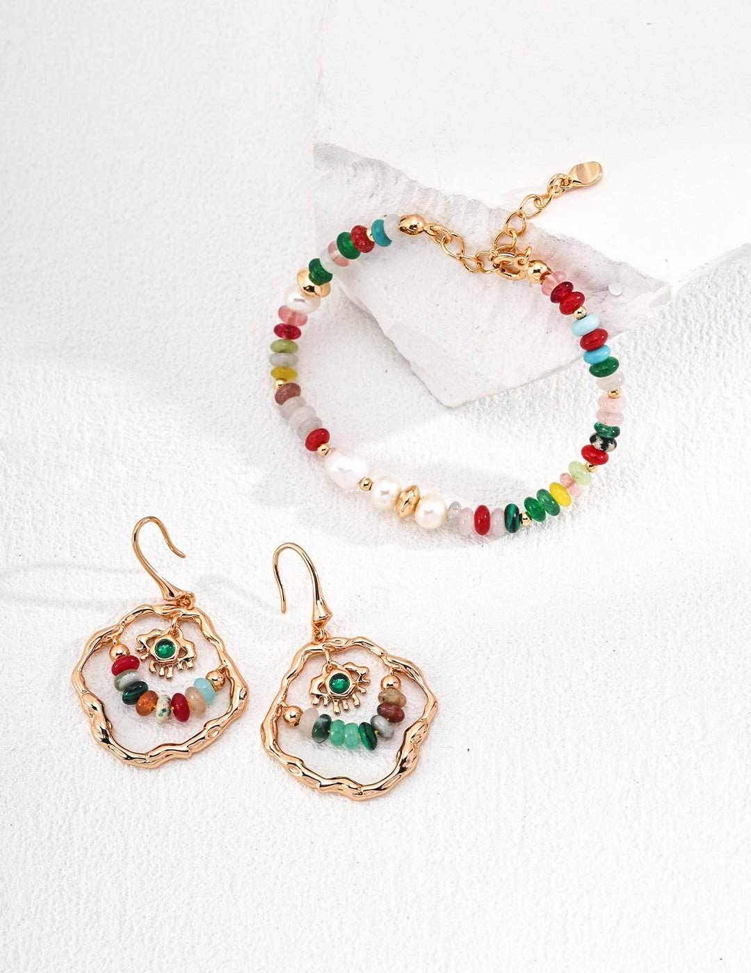 Bracelet and Earrings with Agate, Calaite, Colorful Stones on Gold - Plated Silver by ronny