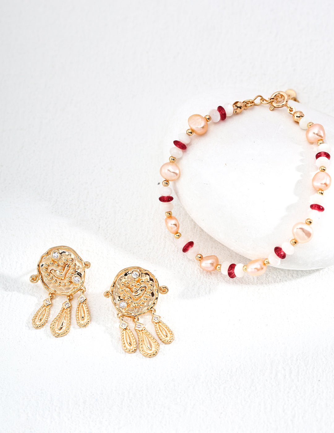 Zircon and Gold - Plated Silver Earrings and matching Shell Bracelet by ronny