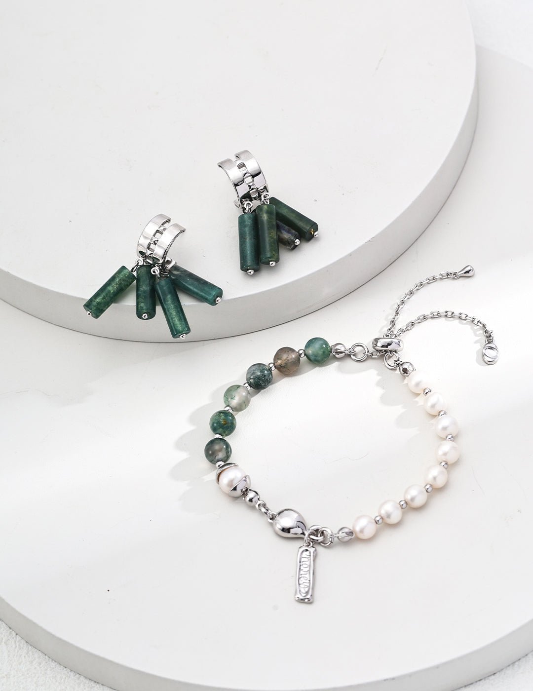 Moss Agate Earring with matching Bracelet on Pure Silver and Pearl by ronny