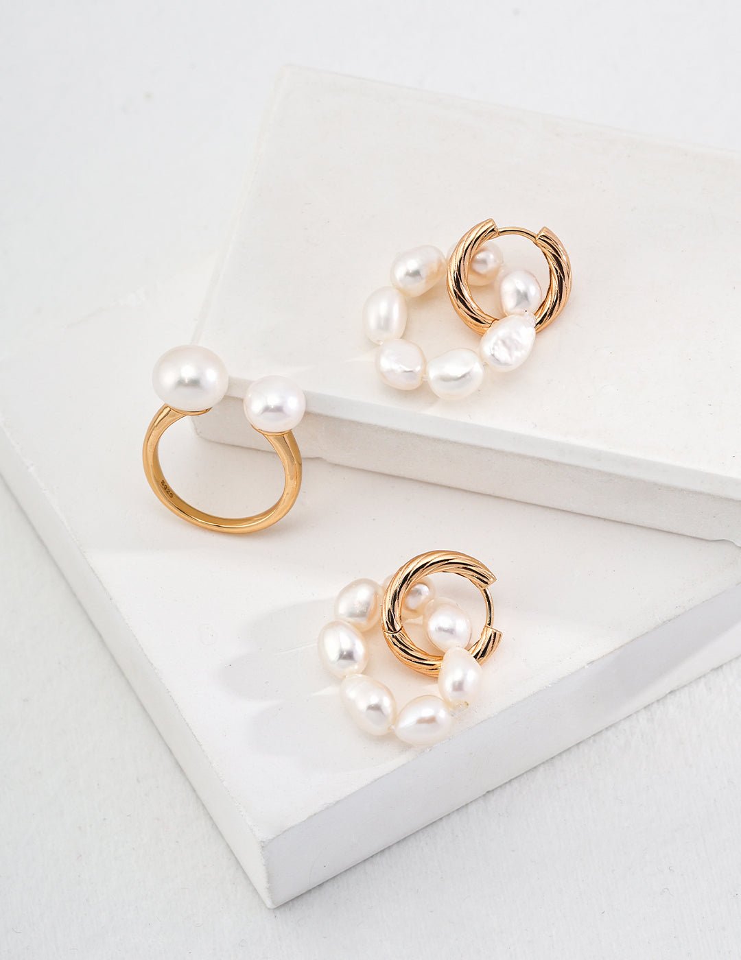 Natural Pearl Earrings and matching Ring with Gold - Plated Silver by ronny