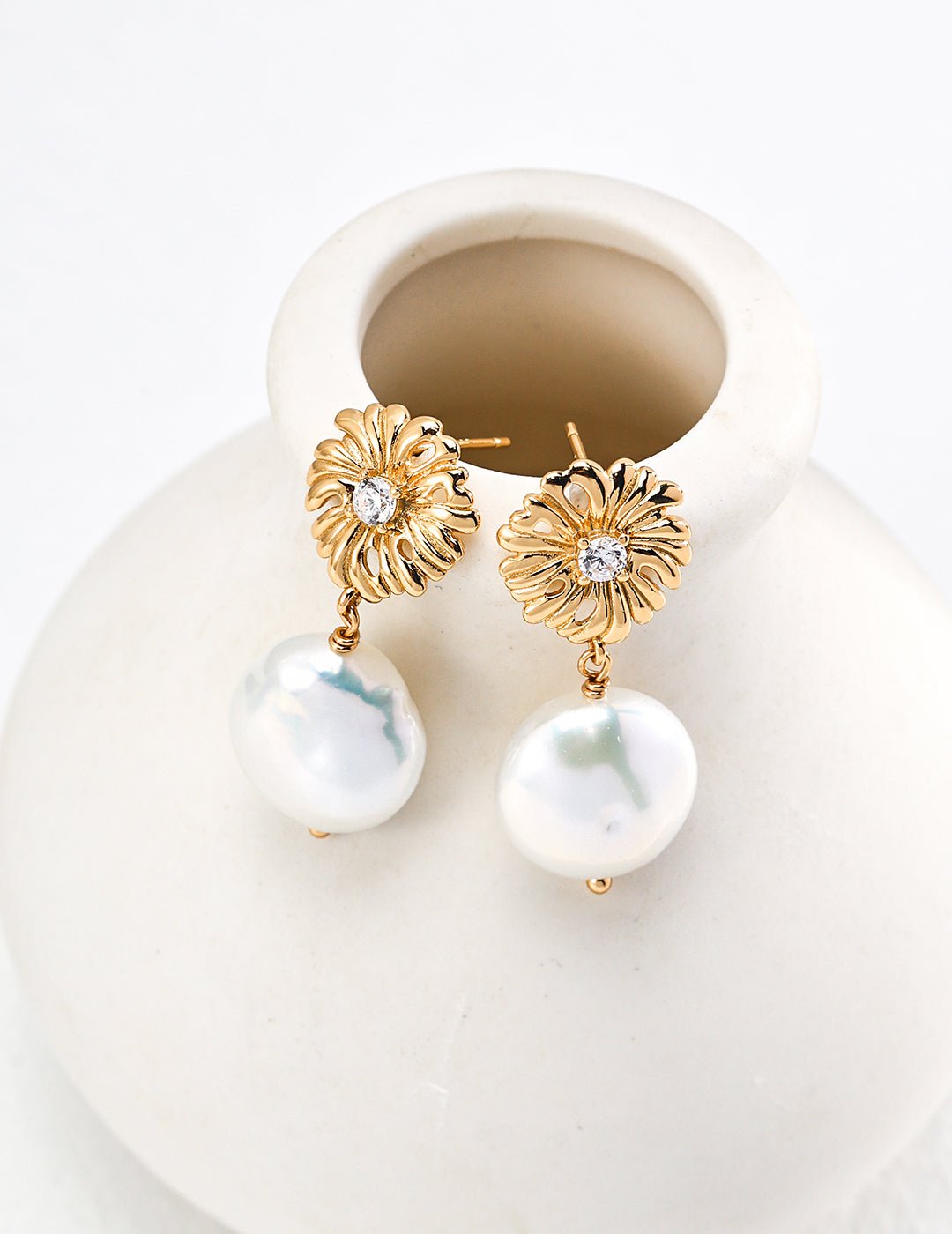 Natural Pearl and Zircon Earrings with Gold - Plated Silver by ronny