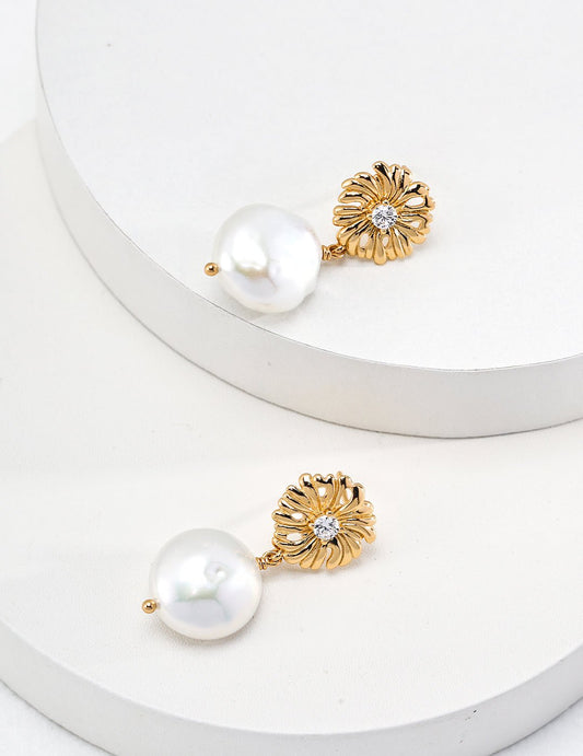 Natural Pearl and Zircon Earrings with Gold - Plated Silver by ronny