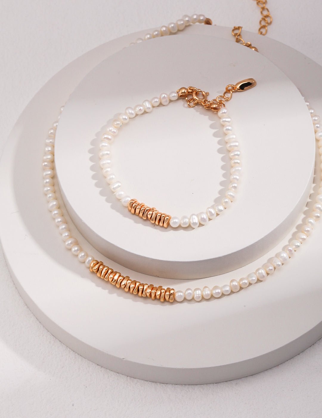 Natural Pearl Necklace and  Bracelet with Silver Spacers on Gold-Plated Silver by ronny