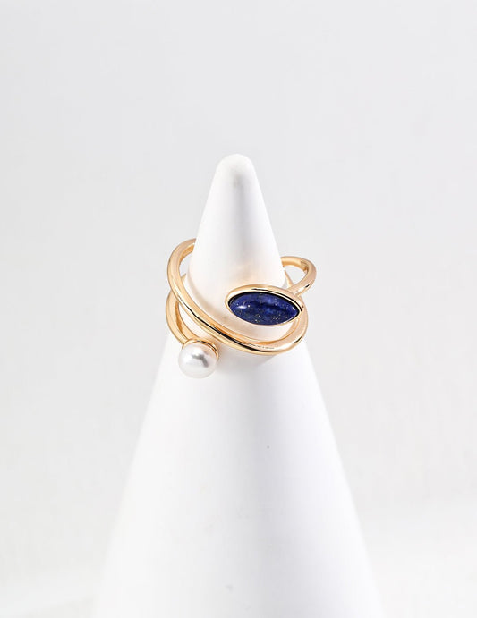 Pearl and Lapis Lazuli Ring on Gold - Plated Silver by ronny