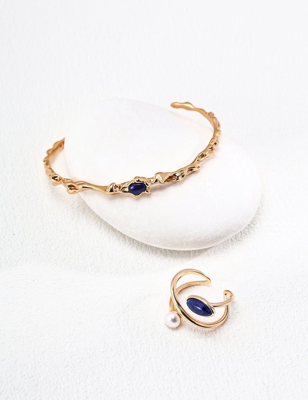 Pearl and Lapis Lazuli Ring with matching Bangle on Gold - Plated Silver by ronny