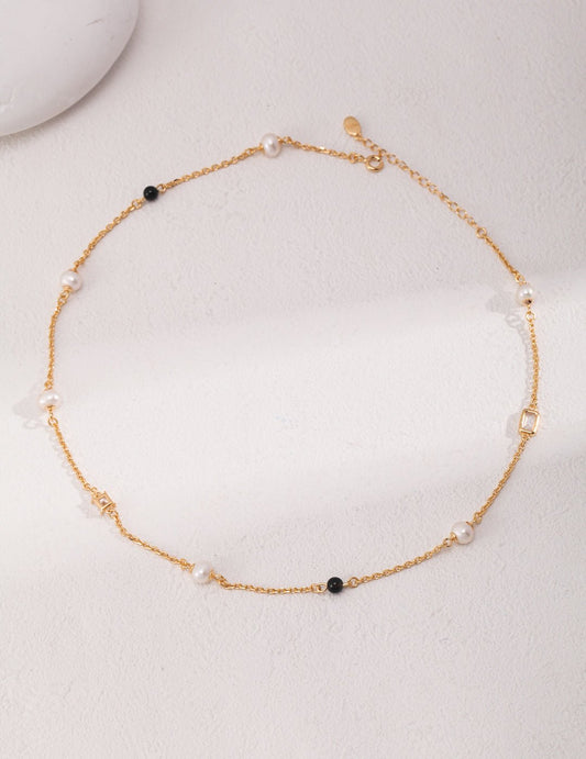 Necklace with Pearl, Agate, and Zirconia on Gold - Plated Silver by ronny