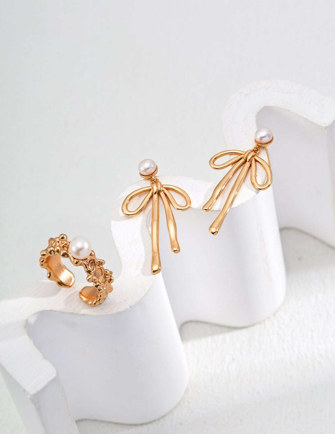 Earrings with Natural Pearl and matching Ring on Gold - Plated Silver by ronny