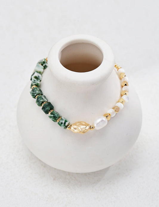 Green Jade and Pearl Bracelet in Gold-Plated Silver by Ronny