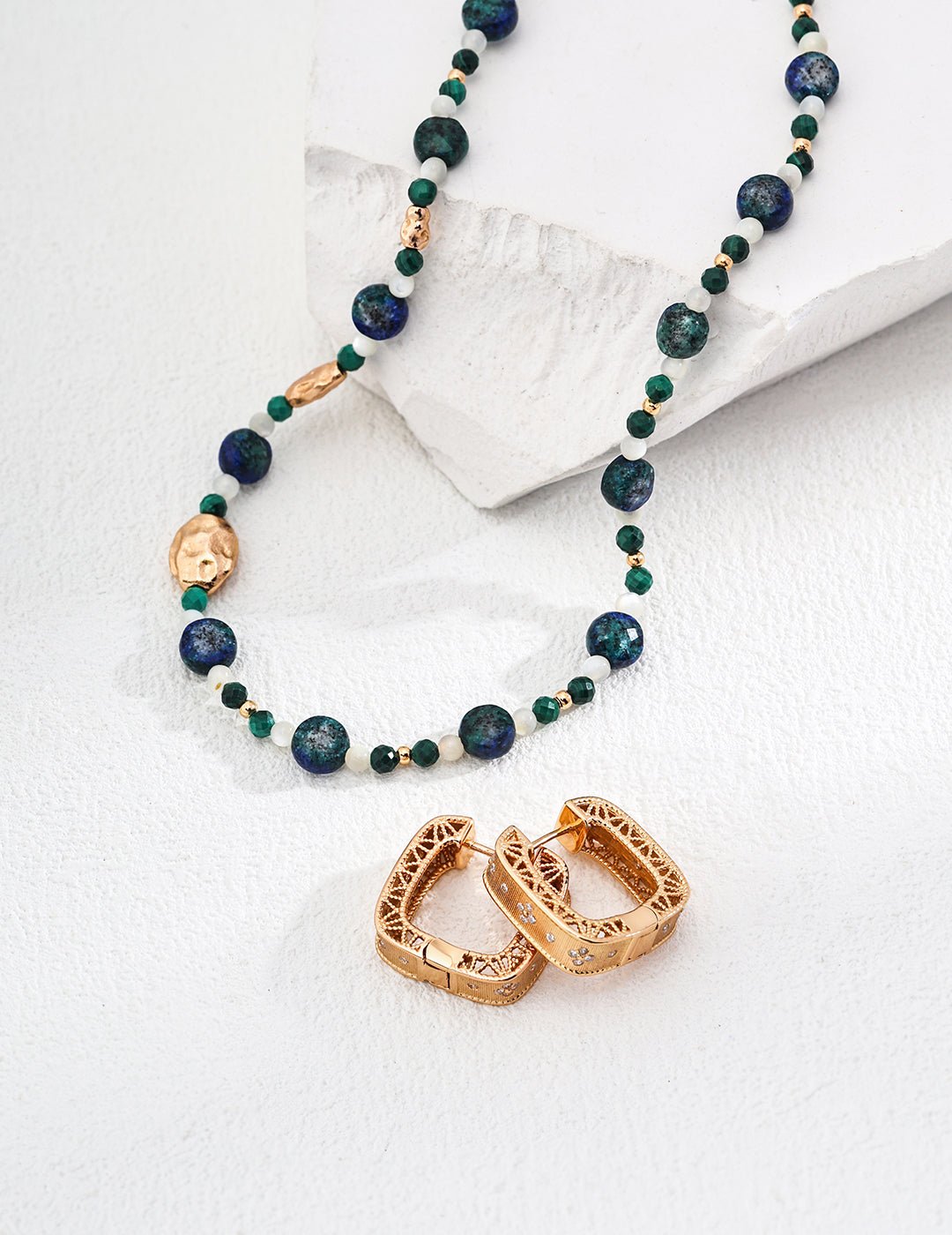 Lapis Lazuli and Malachite Necklace with  matching Earrings on Gold - Plated Silver by ronny