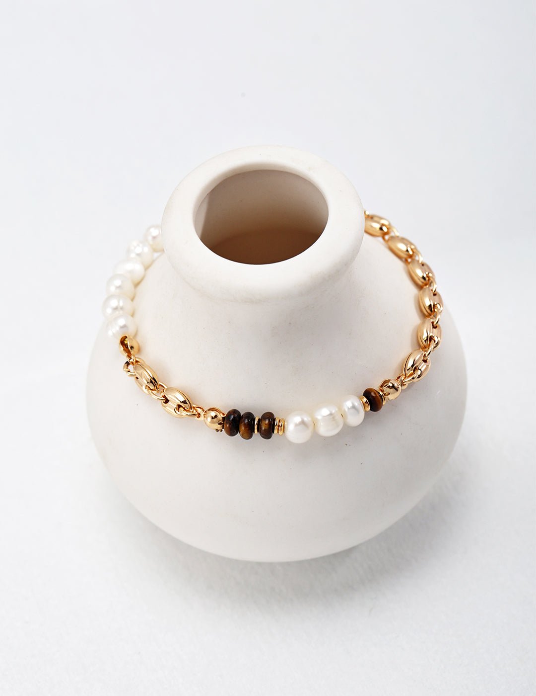 Natural Pearl & Tiger Eye Bracelet on Gold - Plated Silver by ronny