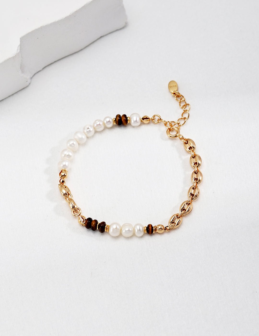 Natural Pearl & Tiger Eye Bracelet on Gold - Plated Silver by ronny