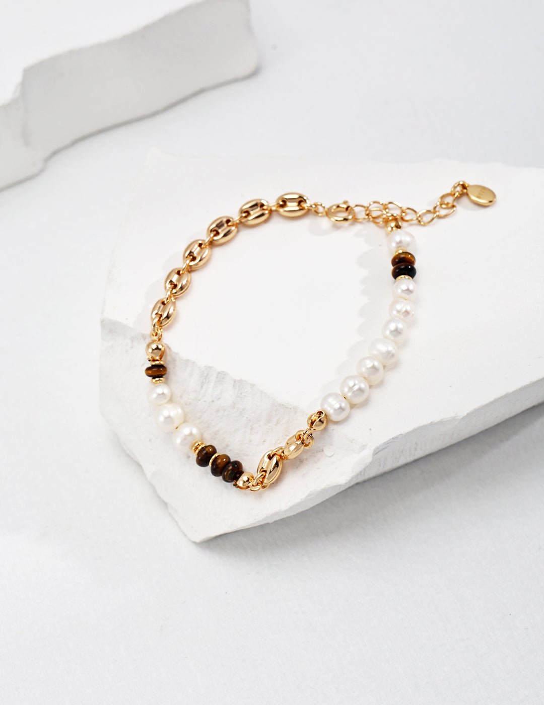 Natural Pearl & Tiger Eye Bracelet on Gold - Plated Silver by ronny