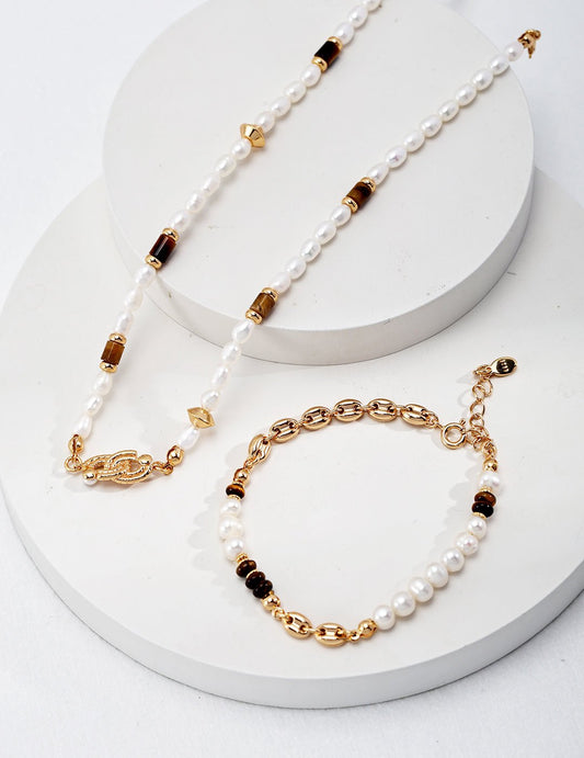 Natural Pearl & Tiger Eye Necklace and Bracelet on Gold - Plated Silver by ronny