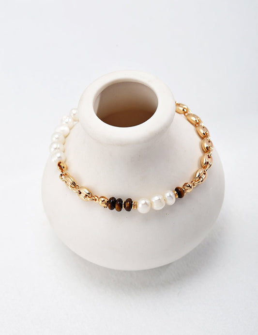 Pearl and Tiger Eye Bracelet with Gold - Plated Silver by ronny