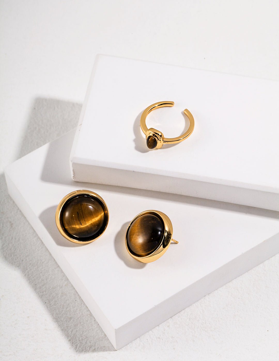 Tiger Eye Ring and matching Studs on Gold - Plated Silver by ronny