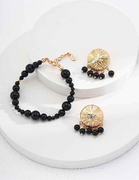 Black Onyx Bracelet and Earrings on Gold - Plated Silver by ronny