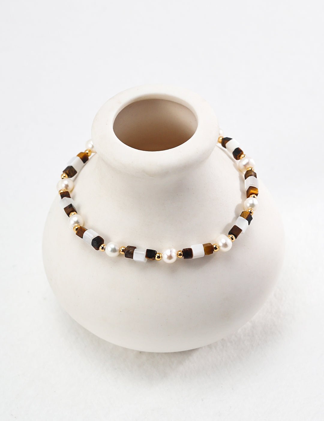 Tiger Eye, Nacre, and Pearl Bracelet on Gold - Plated Silver by ronny