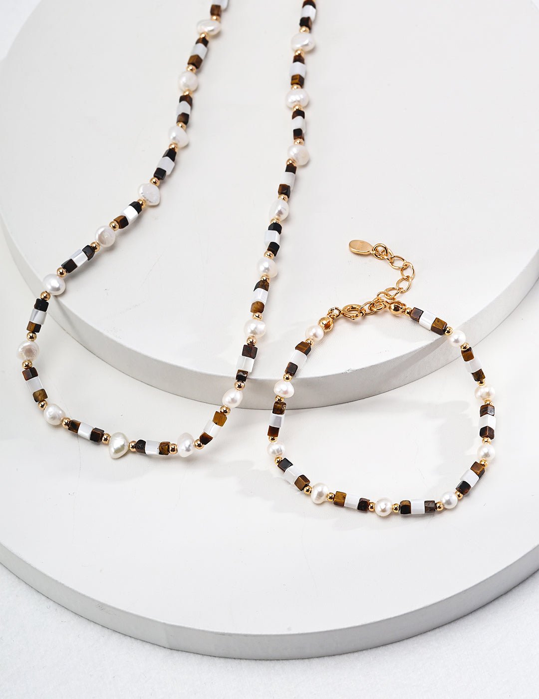 Bracelet and Necklace with Tiger Eye, Nacre, and Pearl on Gold - Plated Silver by ronny