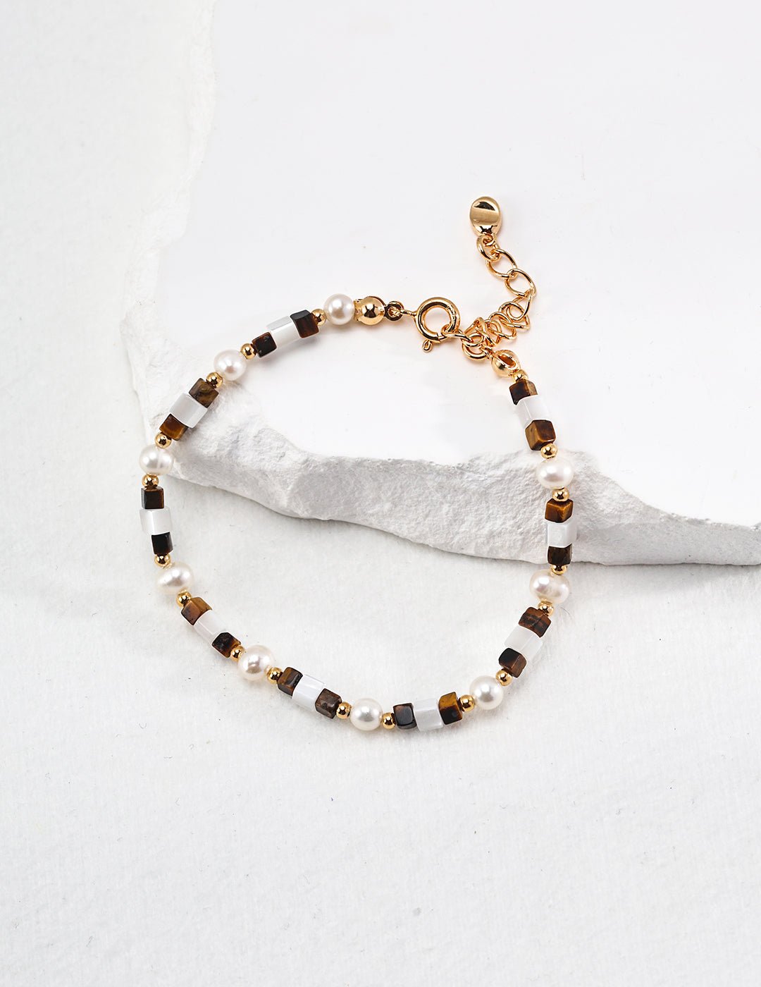 Tiger Eye, Nacre, and Pearl Bracelet on Gold - Plated Silver by ronny