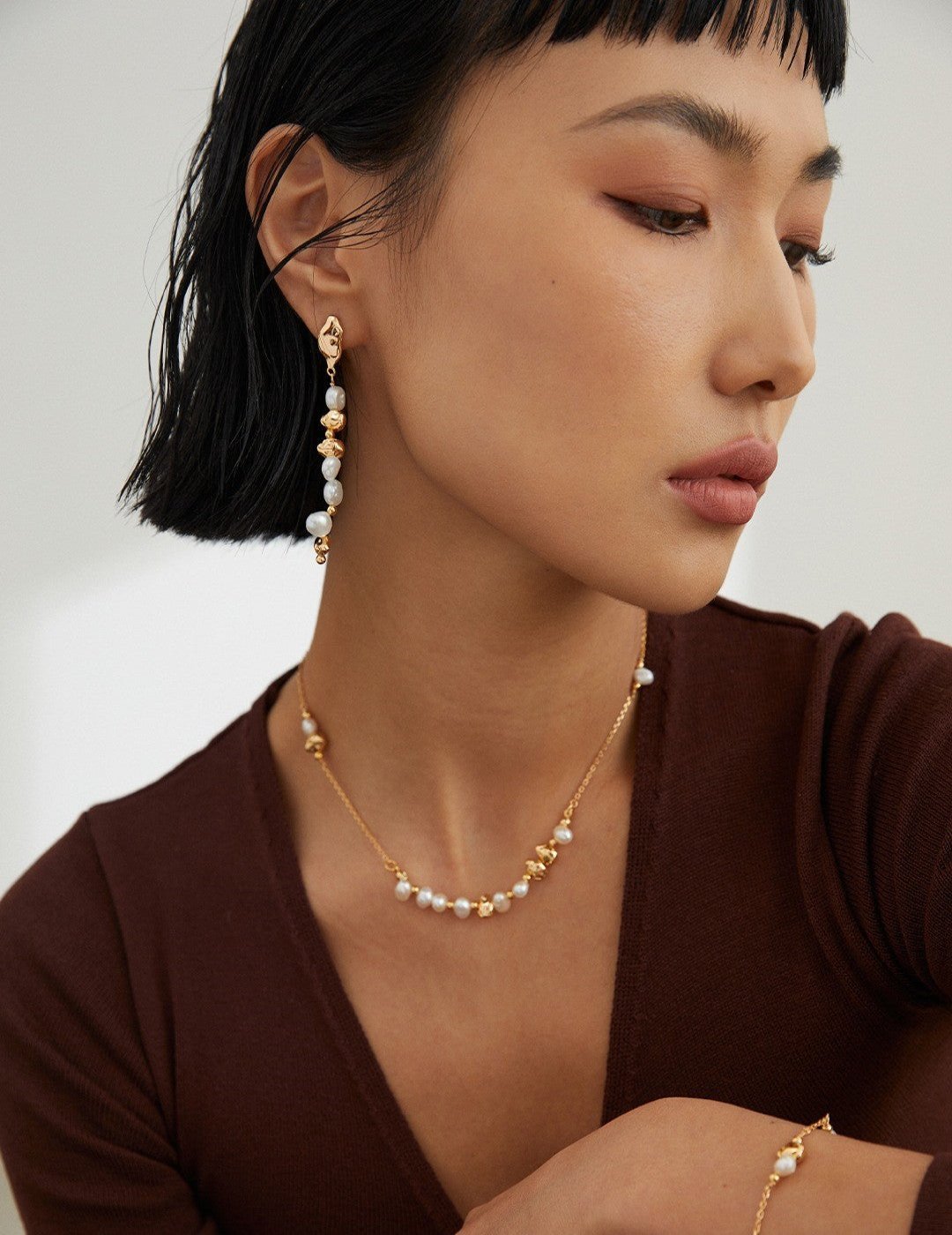 Pearl Earrings, Bracelet, and Necklace with Gold - Plated Silver by ronny