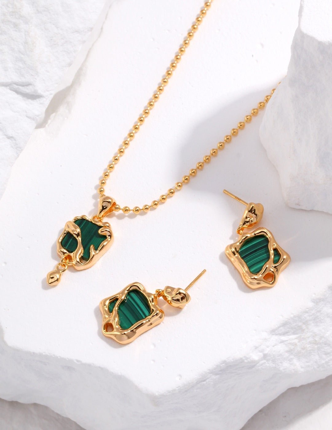 Green Malachite Necklace and Earrings with Gold - Plated Silver by ronny