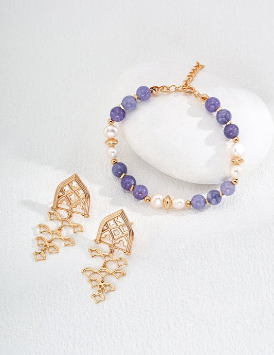 Kunzite and Pearl Bracelet with matching Earrings on Gold - Plated Silver by ronny