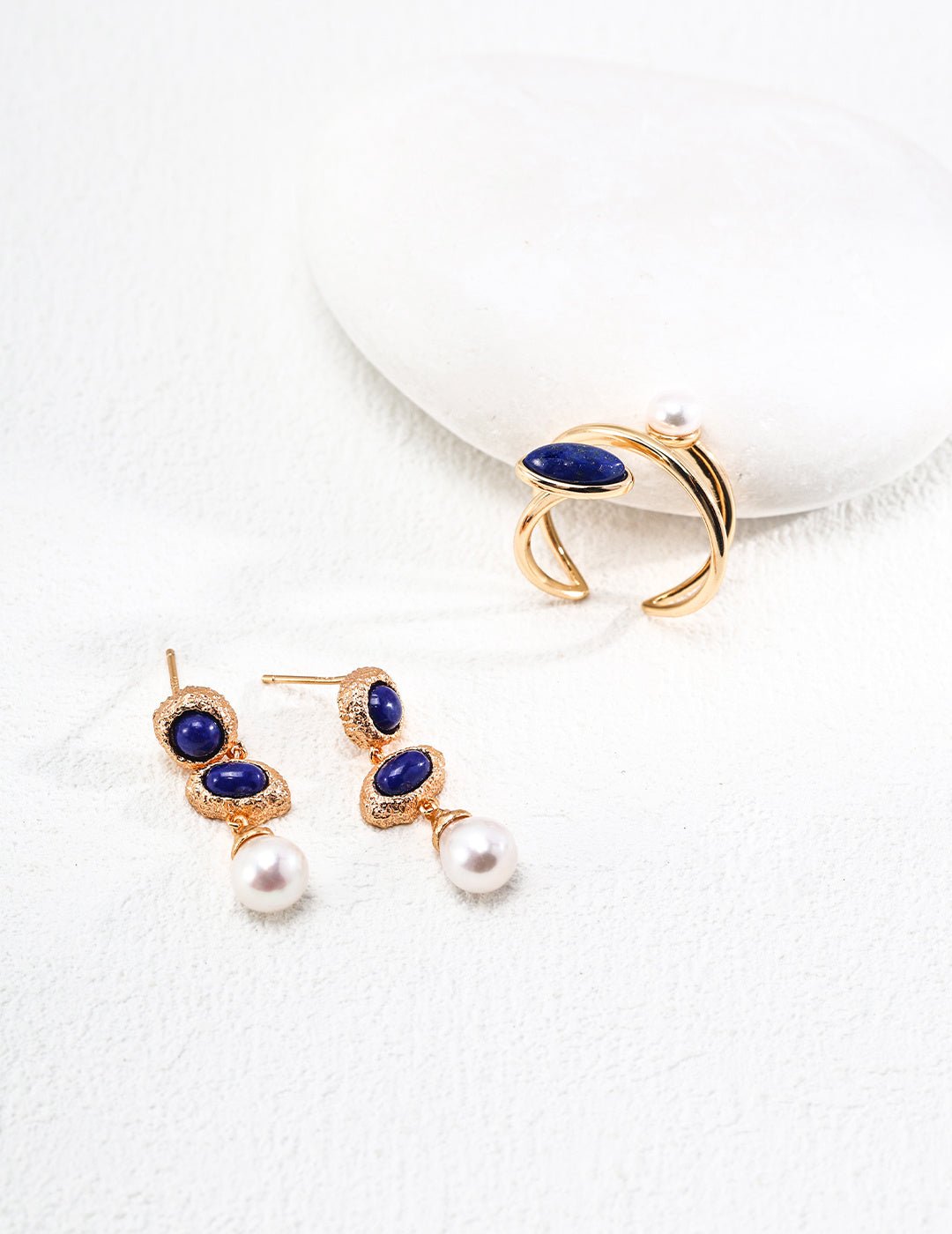 Pearl and Lapis Lazuli Earrings and Ring in Gold - Plated Silver by ronny