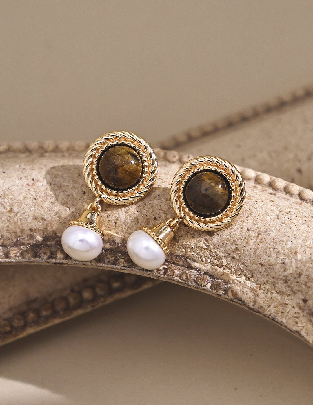 Pearl and Tiger Eye Earrings on Gold - Plated Silver by ronny