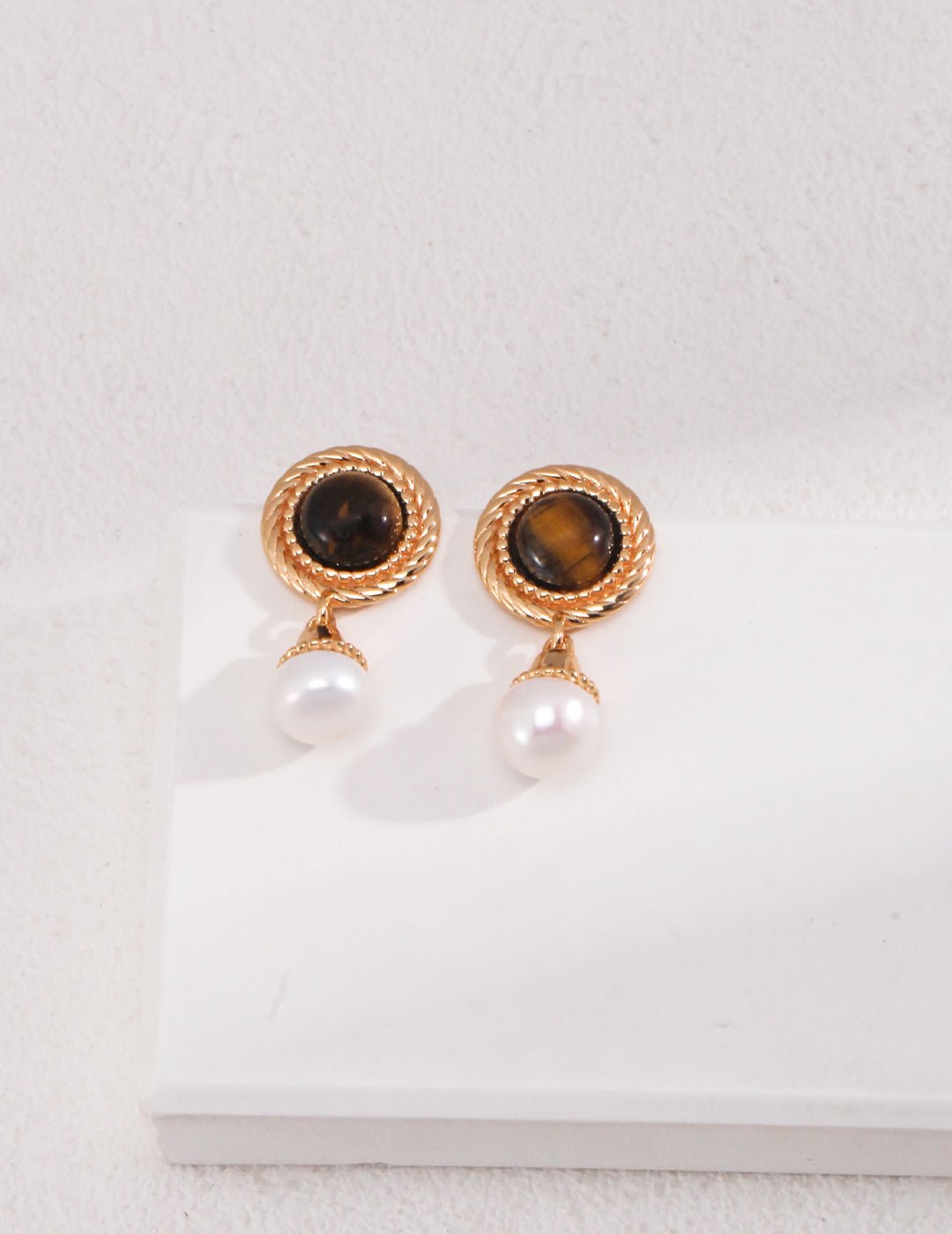 Pearl and Tiger Eye Earrings on Gold - Plated Silver by ronny