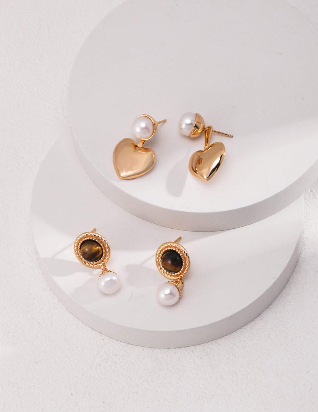 Pearl and Tiger Eye Earrings on Gold - Plated Silver by ronny