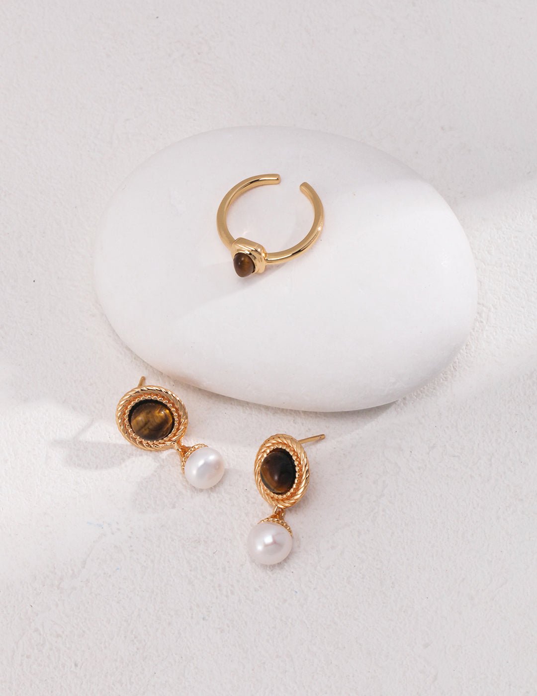 Pearl and Tiger Eye Earrings and matching Ring on Gold - Plated Silver by ronny