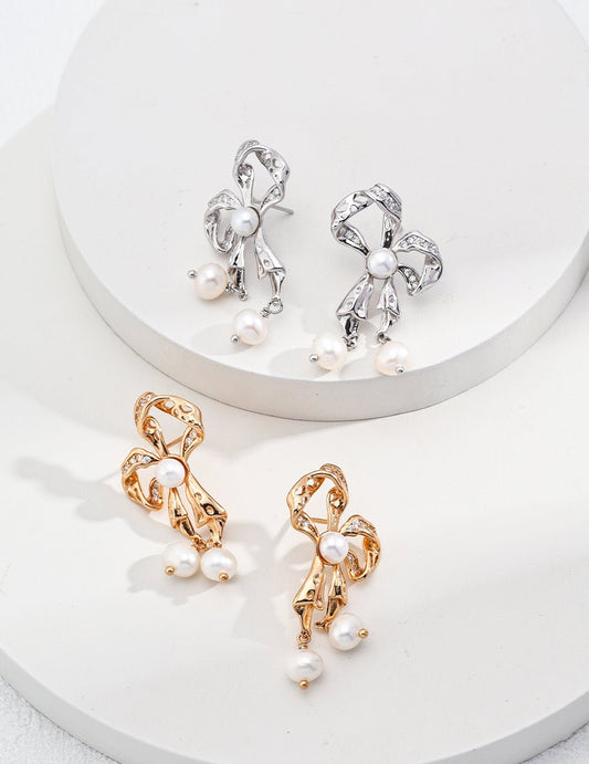 Pearl Earrings with Gold - Plated Silver and Silver by ronny