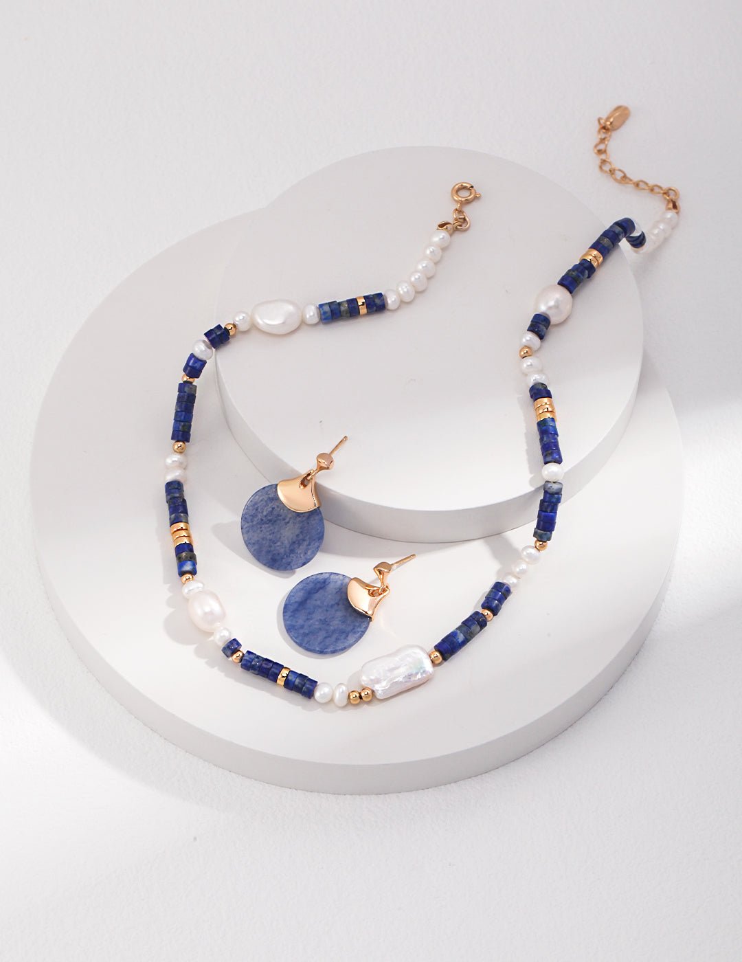 Lapis Lazuli and Pearl Necklace with matching Earrings on Gold - Plated 
Silver by ronny