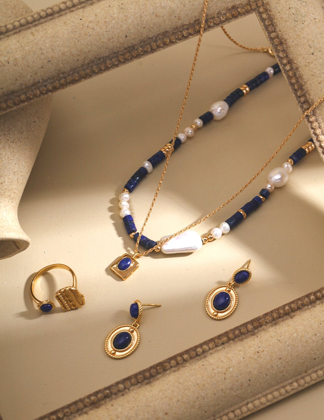 Lapis Lazuli and Pearl Necklace with matching Earrings and Ring on Gold - Plated Silver by ronny