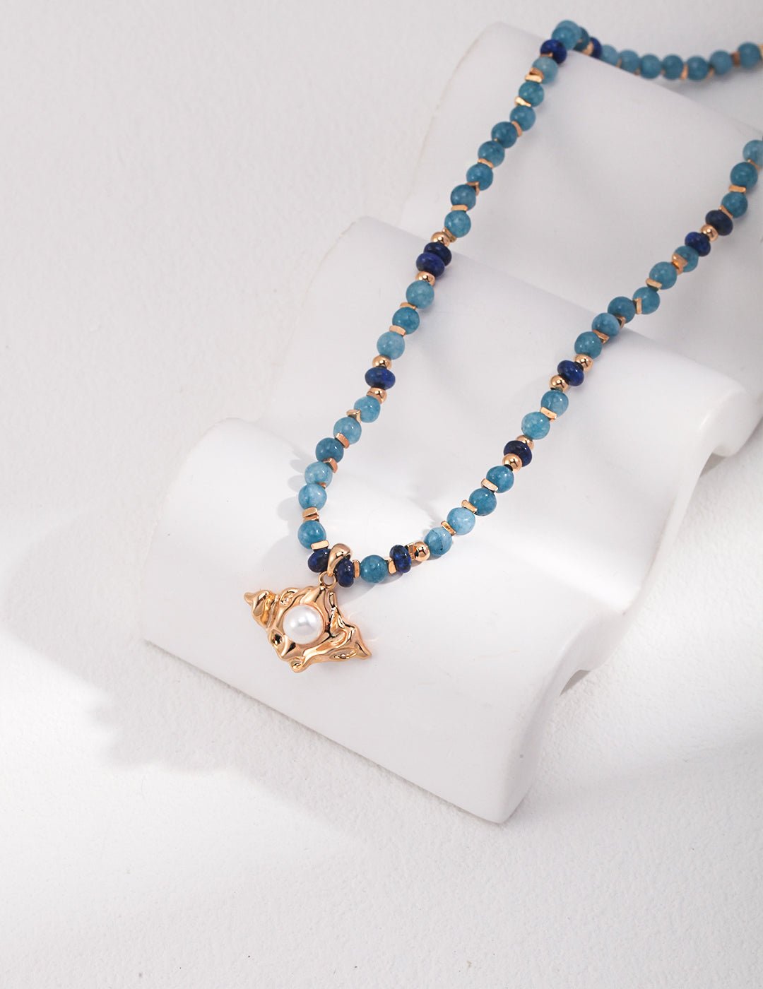 Natural Pearl, Apatite and Lapis Necklace on Gold - Plated Silver by ronny