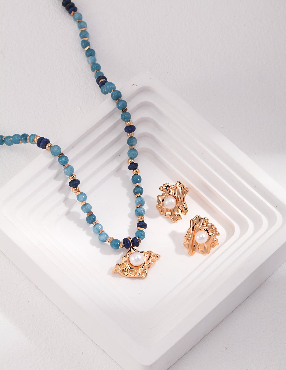 Natural Pearl, Apatite and Lapis Necklace with matching Earrings on Gold - Plated Silver by ronny