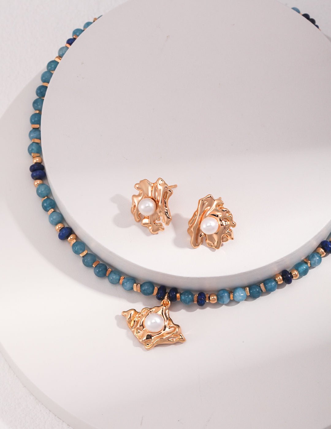 Natural Pearl, Apatite and Lapis Necklace with matching Earrings on Gold - Plated Silver by ronny