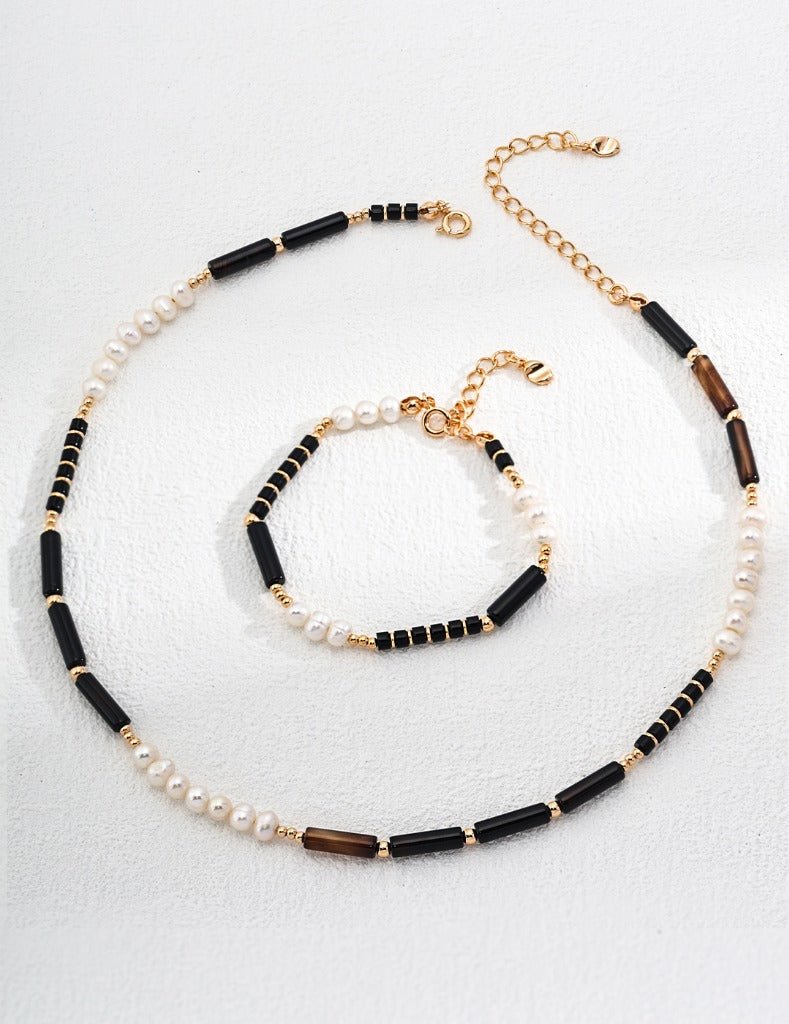 Onyx and Pearl Necklace with matching Bracelet on Gold - Plated Silver by ronny