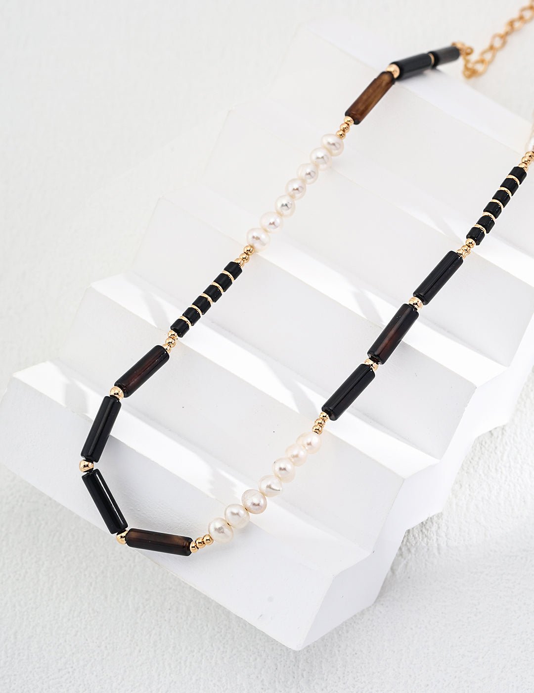 Onyx and Pearl Necklace on Gold - Plated Silver by ronny